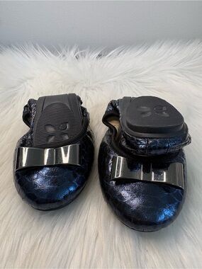 (101)Navy Metallic Bow Ballet Flats
